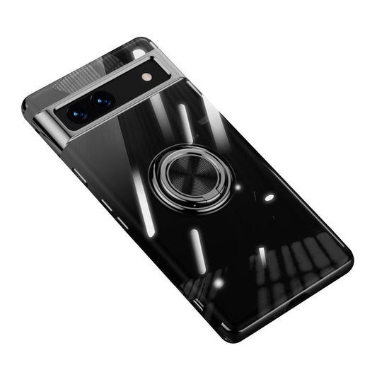 For Google Pixel 7a Ring Kickstand Electroplating TPU Phone Case Anti-drop Back Cover - Black