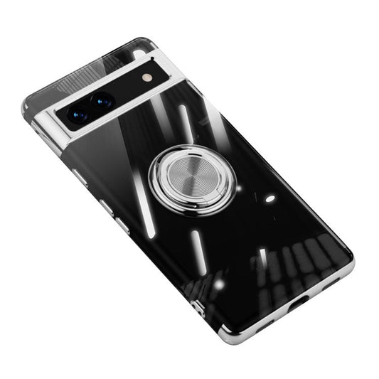 For Google Pixel 7a Ring Kickstand Electroplating TPU Phone Case Anti-drop Back Cover - Silver