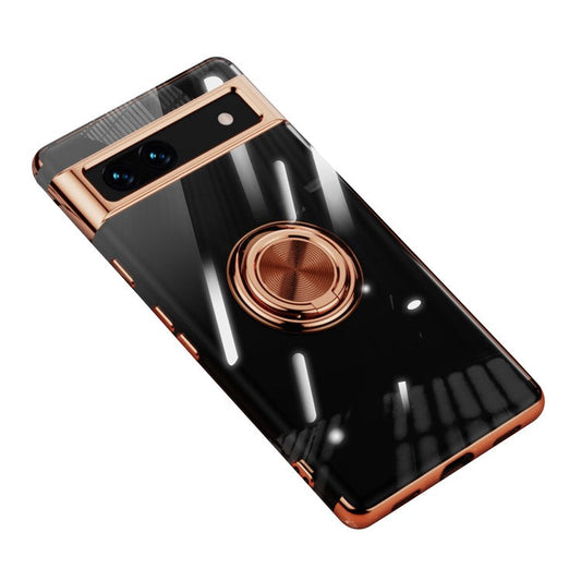 For Google Pixel 7a Ring Kickstand Electroplating TPU Phone Case Anti-drop Back Cover - Rose Gold