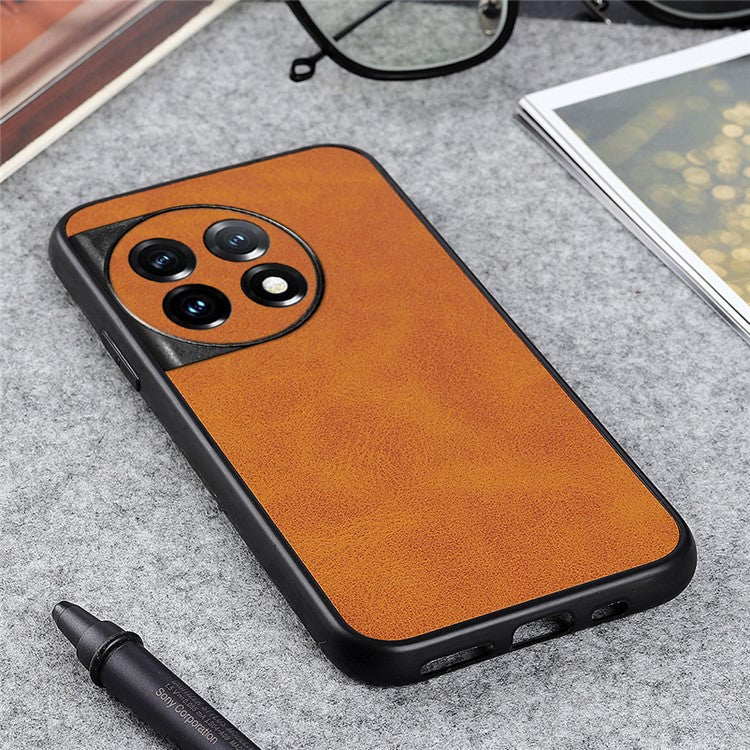 For OnePlus 11 5G PC+TPU+PU Leather Phone Case Cowhide Texture Anti-Scratch Back Cover - Brown