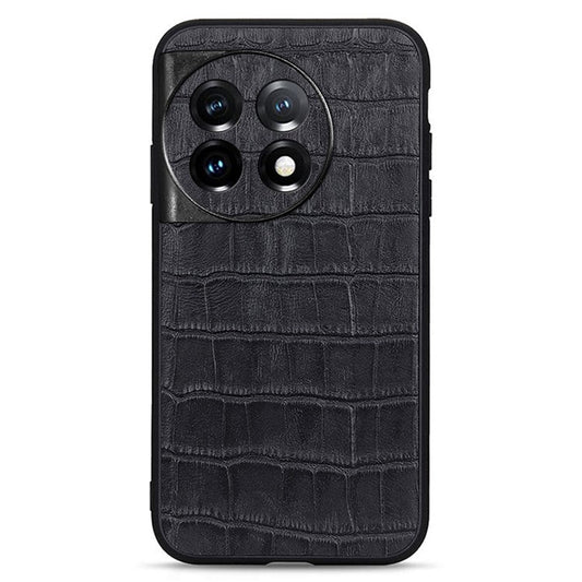 For OnePlus 11 5G Genuine Leather + TPU Crocodile Texture Phone Case Drop-proof Mobile Cover - Black