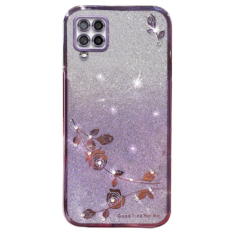 KADEM For Samsung Galaxy A42 5G / M42 5G Gradient Glitter Powder TPU Cover Rhinestone Decor Flower Pattern Anti-drop Protective Case - Purple