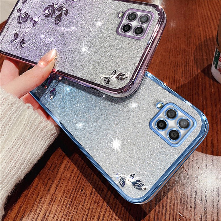KADEM For Samsung Galaxy A42 5G / M42 5G Gradient Glitter Powder TPU Cover Rhinestone Decor Flower Pattern Anti-drop Protective Case - Purple