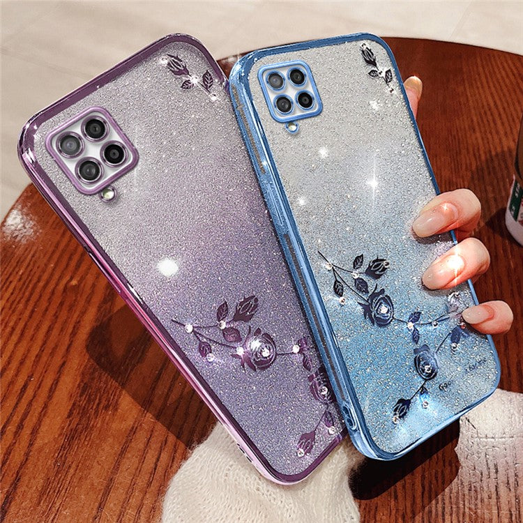 KADEM For Samsung Galaxy A42 5G / M42 5G Gradient Glitter Powder TPU Cover Rhinestone Decor Flower Pattern Anti-drop Protective Case - Purple