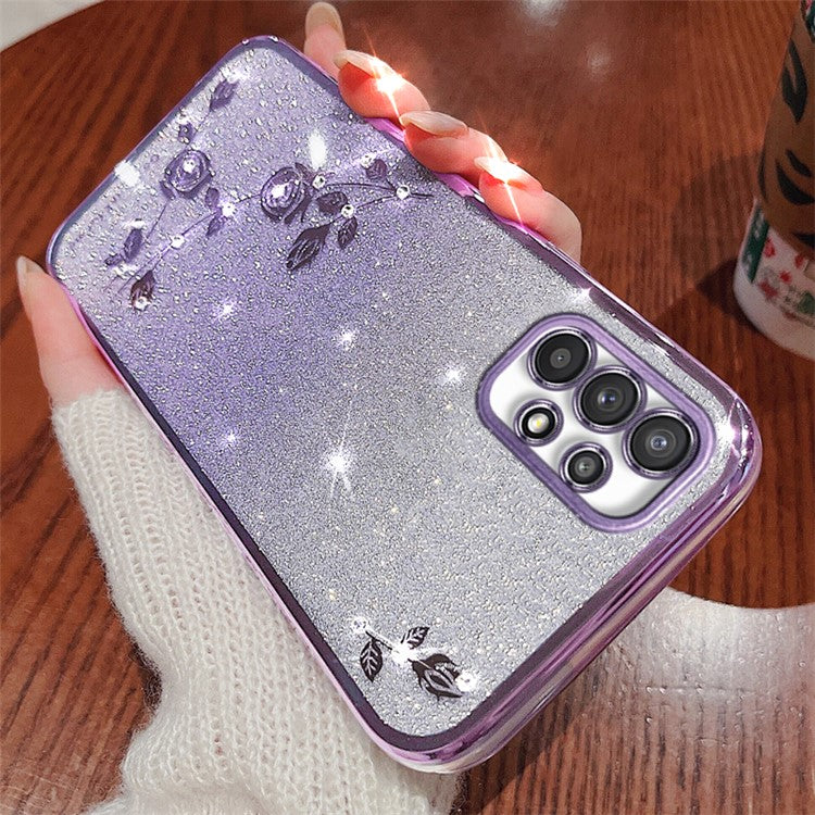 KADEM For Samsung Galaxy A52 4G / A52s 5G / A52 5G Rhinestone Decor Gradient Glitter Powder TPU Cover Flower Pattern Phone Case - Purple