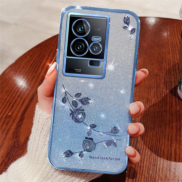 KADEM Phone TPU Case for vivo iQOO 11 5G ,  Gradient Glitter Flower Rhinestone Decor Phone Cover - Blue