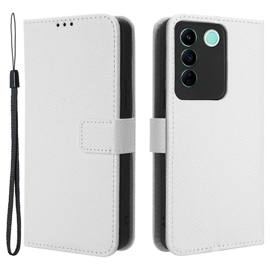 For vivo V27e 5G / S16e 5G Protective Phone Case Diamond Texture Wallet Stand Phone Leather Cover - White