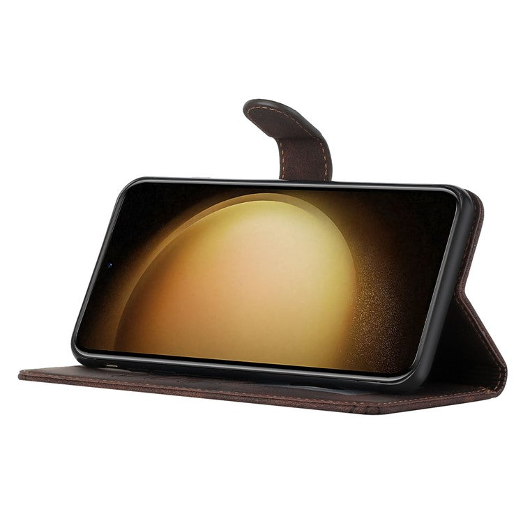 YX0010 Series Leather Phone Case for Samsung Galaxy A04 4G (164.4 x 76.3 x 9.1 mm) / A04e 4G , Wallet Stand Pattern Imprinted Flip Cover - Coffee