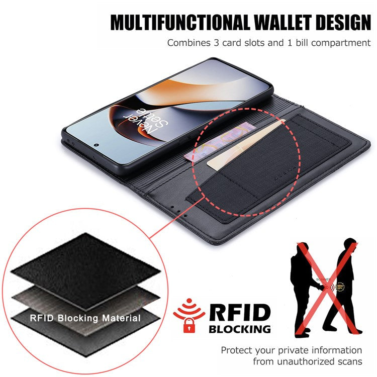 MUXMA MX109 RFID Blocking Phone Case for OnePlus 11R 5G / Ace 2 5G , PU Leather Magnetic Wallet Cover Stand - Black