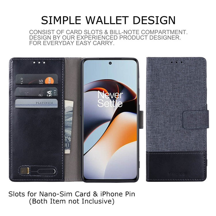 MUXMA MX102 for OnePlus Ace 2 5G / 11R 5G Wallet Stand Cover Canvas PU Leather Splicing Phone Case - Black