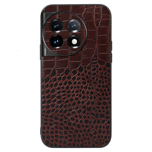 For OnePlus Ace 2 5G / 11R 5G Phone Cover, Genuine Cowhide Leather Coated PC+TPU Crocodile Texture Case - Coffee