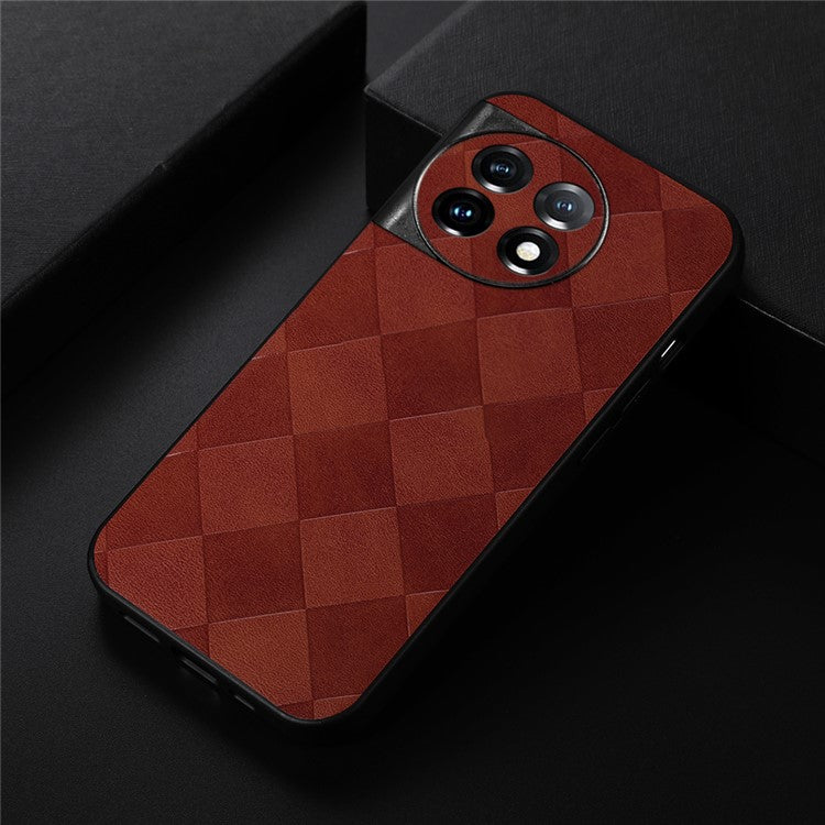 PC+TPU+PU Leather Phone Cover for OnePlus 11 5G , Anti-Scratch Grid Texture Cell Phone Case - Brown