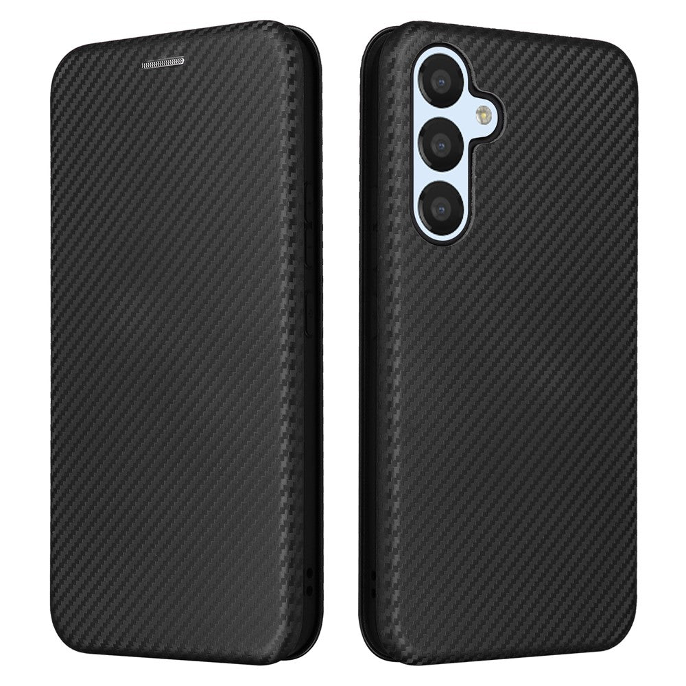 For Samsung Galaxy M14 5G Leather Anti-drop Cover Carbon Fiber Texture Phone Stand Case with Card Holder - Black