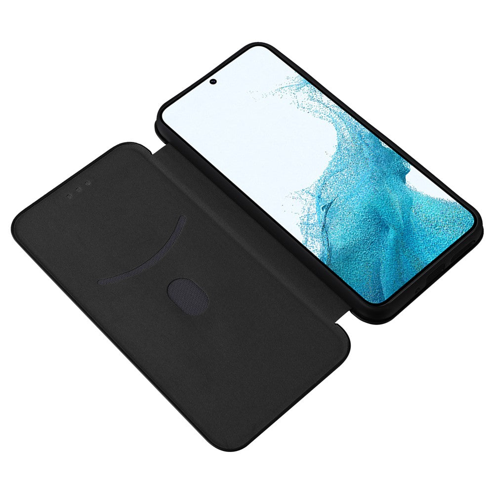 For Samsung Galaxy M14 5G Leather Anti-drop Cover Carbon Fiber Texture Phone Stand Case with Card Holder - Black