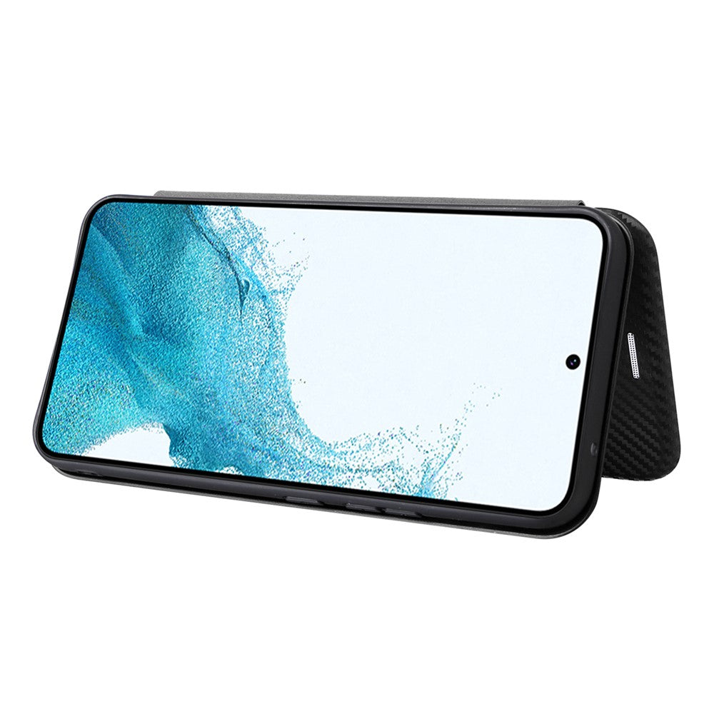 For Samsung Galaxy M14 5G Leather Anti-drop Cover Carbon Fiber Texture Phone Stand Case with Card Holder - Black