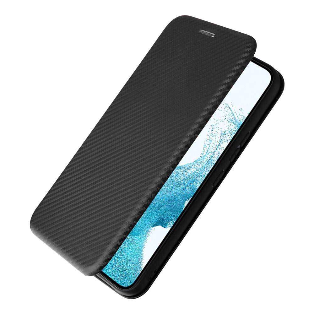 For Samsung Galaxy M14 5G Leather Anti-drop Cover Carbon Fiber Texture Phone Stand Case with Card Holder - Black