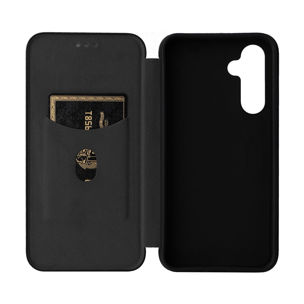 For Samsung Galaxy M14 5G Leather Anti-drop Cover Carbon Fiber Texture Phone Stand Case with Card Holder - Black