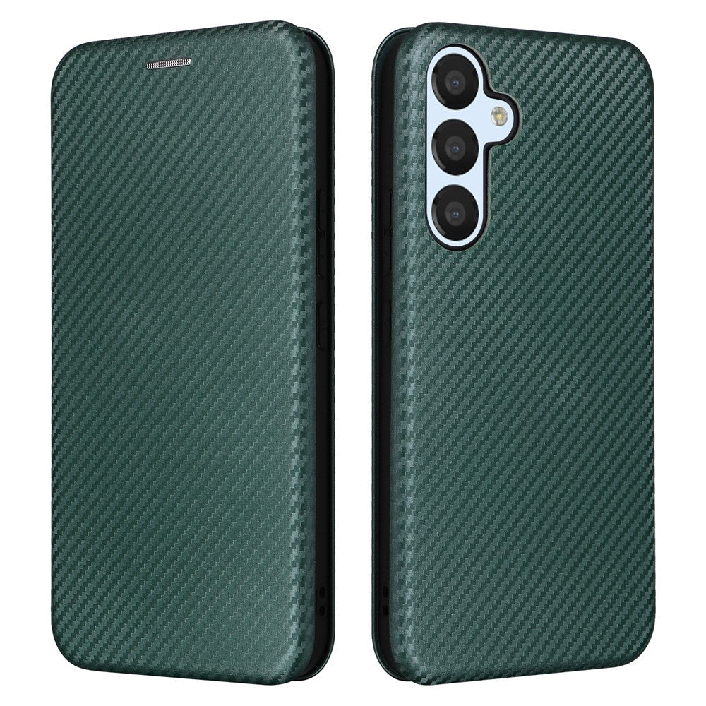 For Samsung Galaxy M14 5G Leather Anti-drop Cover Carbon Fiber Texture Phone Stand Case with Card Holder - Green