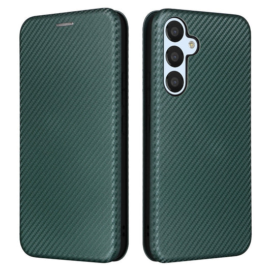 For Samsung Galaxy M14 5G Leather Anti-drop Cover Carbon Fiber Texture Phone Stand Case with Card Holder - Green