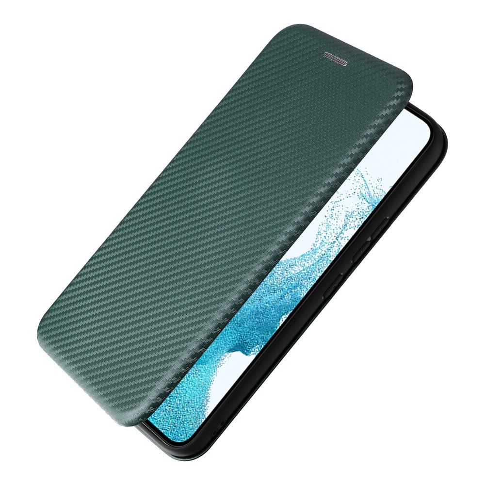 For Samsung Galaxy M14 5G Leather Anti-drop Cover Carbon Fiber Texture Phone Stand Case with Card Holder - Green