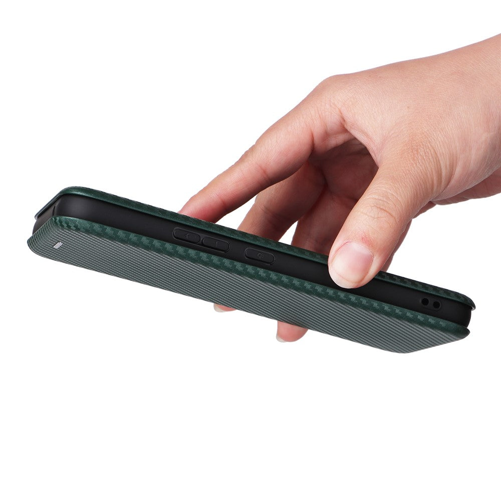 For Samsung Galaxy M14 5G Leather Anti-drop Cover Carbon Fiber Texture Phone Stand Case with Card Holder - Green