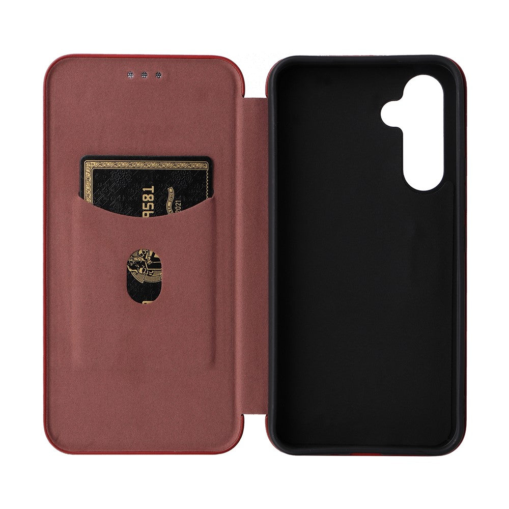 For Samsung Galaxy M14 5G Leather Anti-drop Cover Carbon Fiber Texture Phone Stand Case with Card Holder - Brown