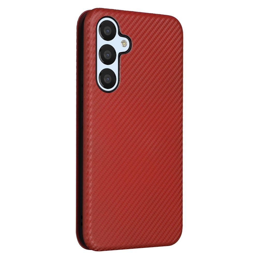 For Samsung Galaxy M14 5G Leather Anti-drop Cover Carbon Fiber Texture Phone Stand Case with Card Holder - Brown
