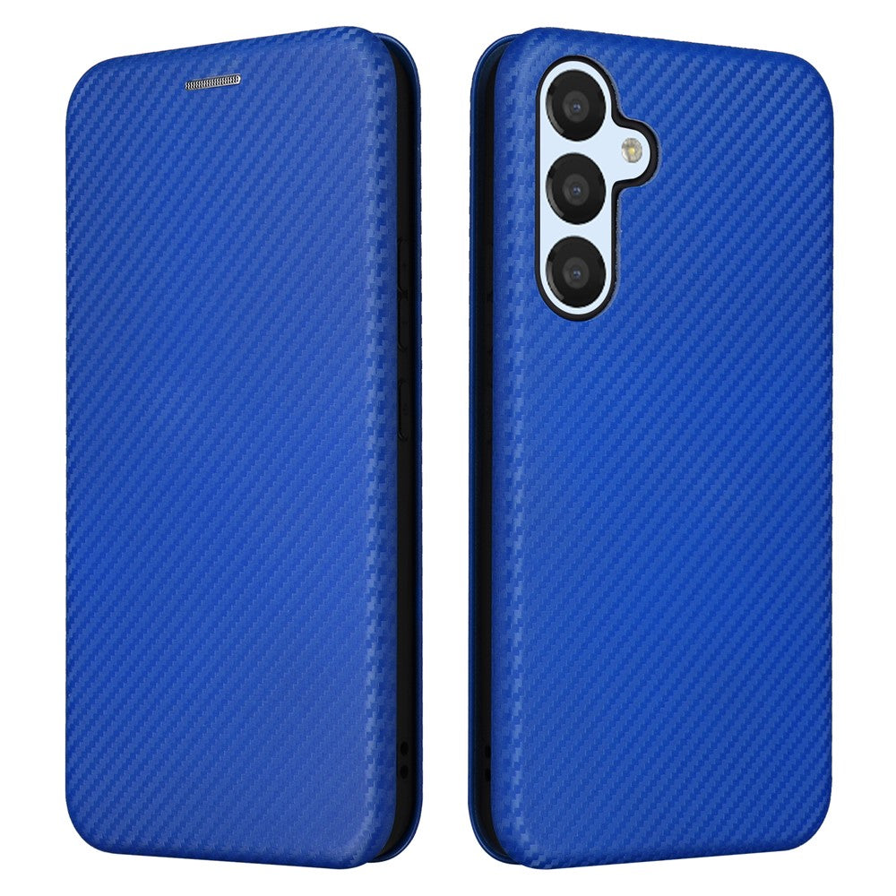 For Samsung Galaxy M14 5G Leather Anti-drop Cover Carbon Fiber Texture Phone Stand Case with Card Holder - Blue