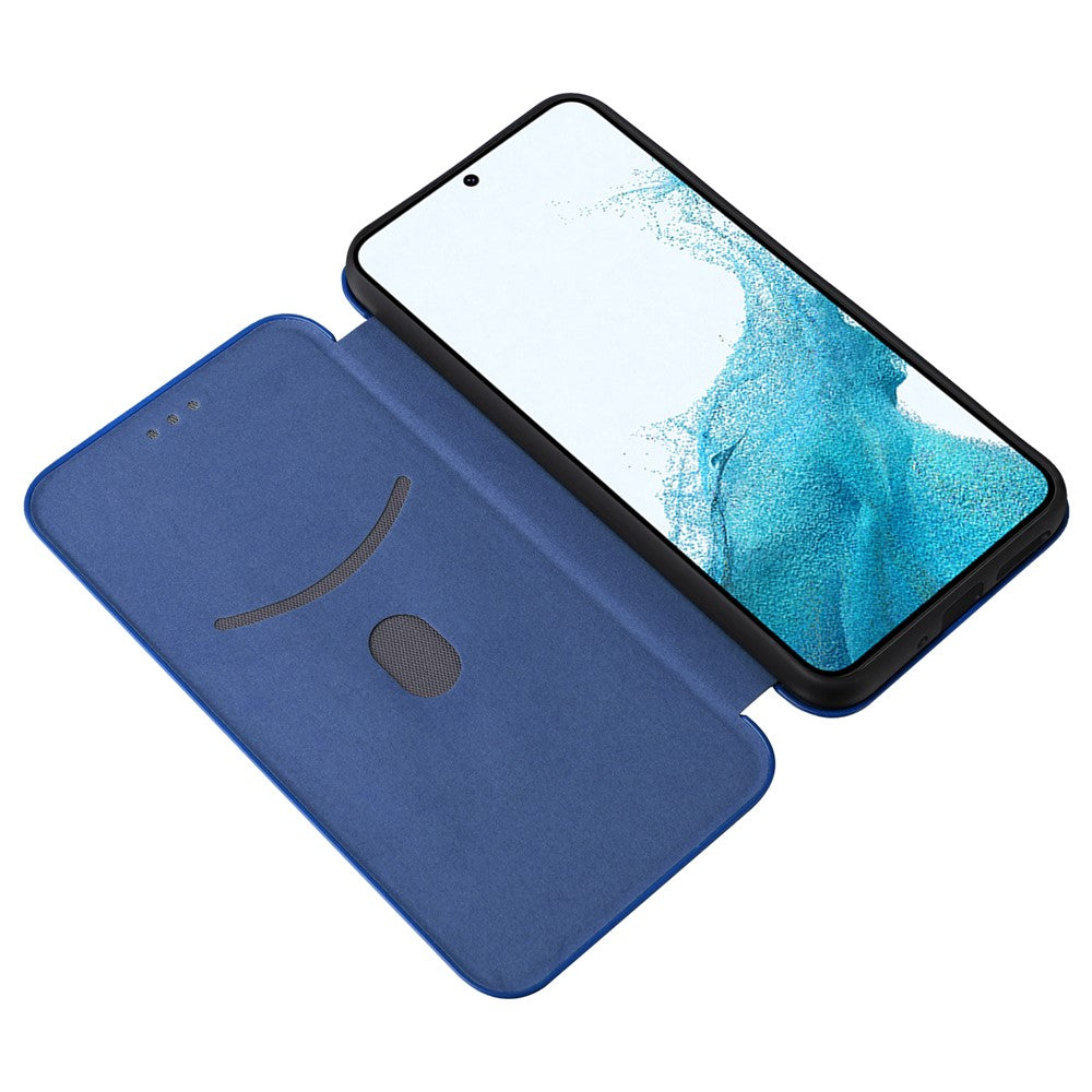 For Samsung Galaxy M14 5G Leather Anti-drop Cover Carbon Fiber Texture Phone Stand Case with Card Holder - Blue