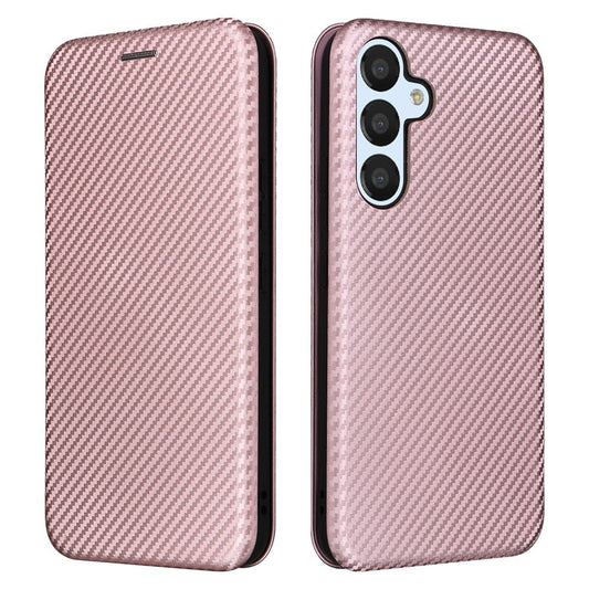 For Samsung Galaxy M14 5G Leather Anti-drop Cover Carbon Fiber Texture Phone Stand Case with Card Holder - Rose Gold