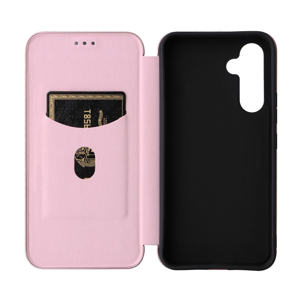 For Samsung Galaxy M14 5G Leather Anti-drop Cover Carbon Fiber Texture Phone Stand Case with Card Holder - Rose Gold