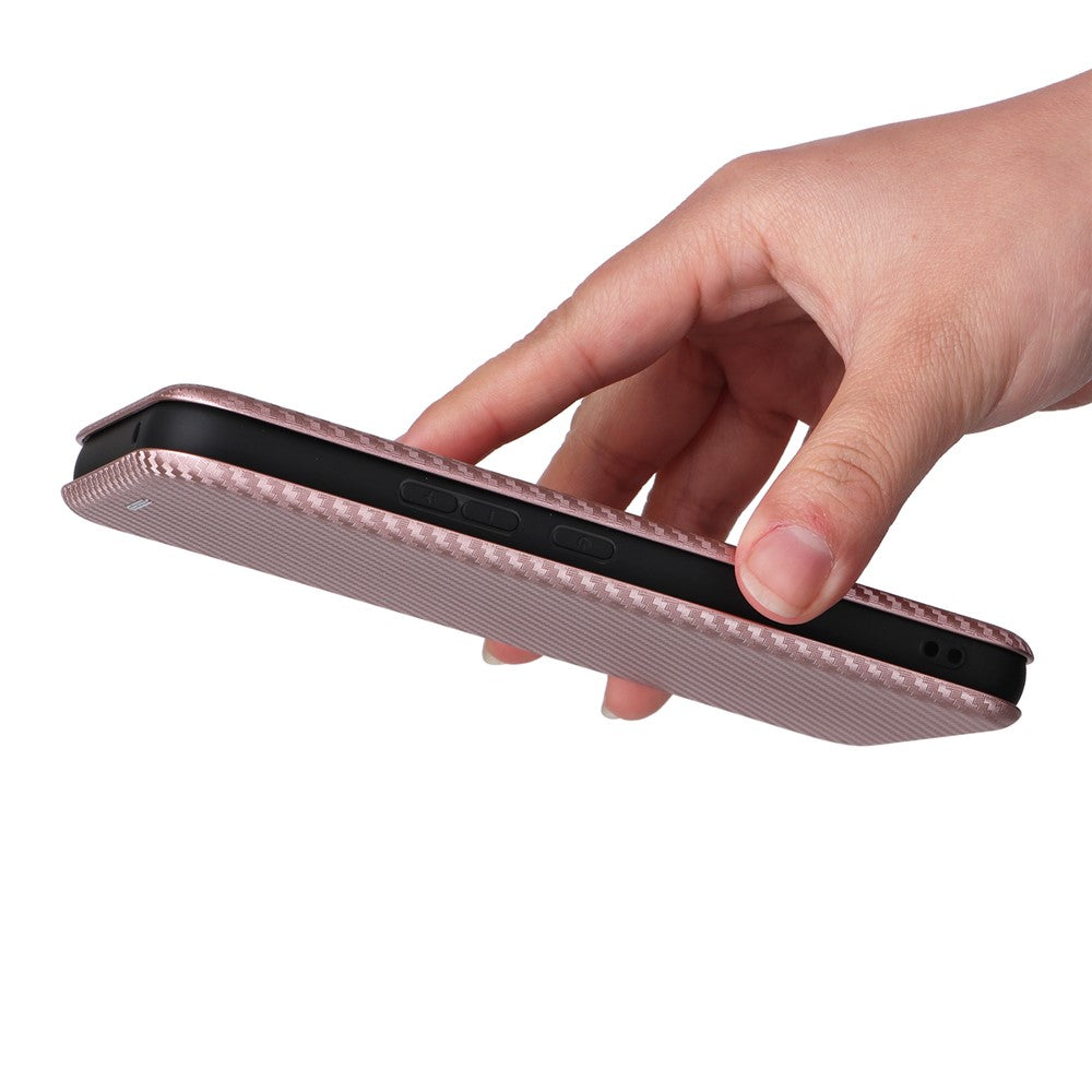 For Samsung Galaxy M14 5G Leather Anti-drop Cover Carbon Fiber Texture Phone Stand Case with Card Holder - Rose Gold