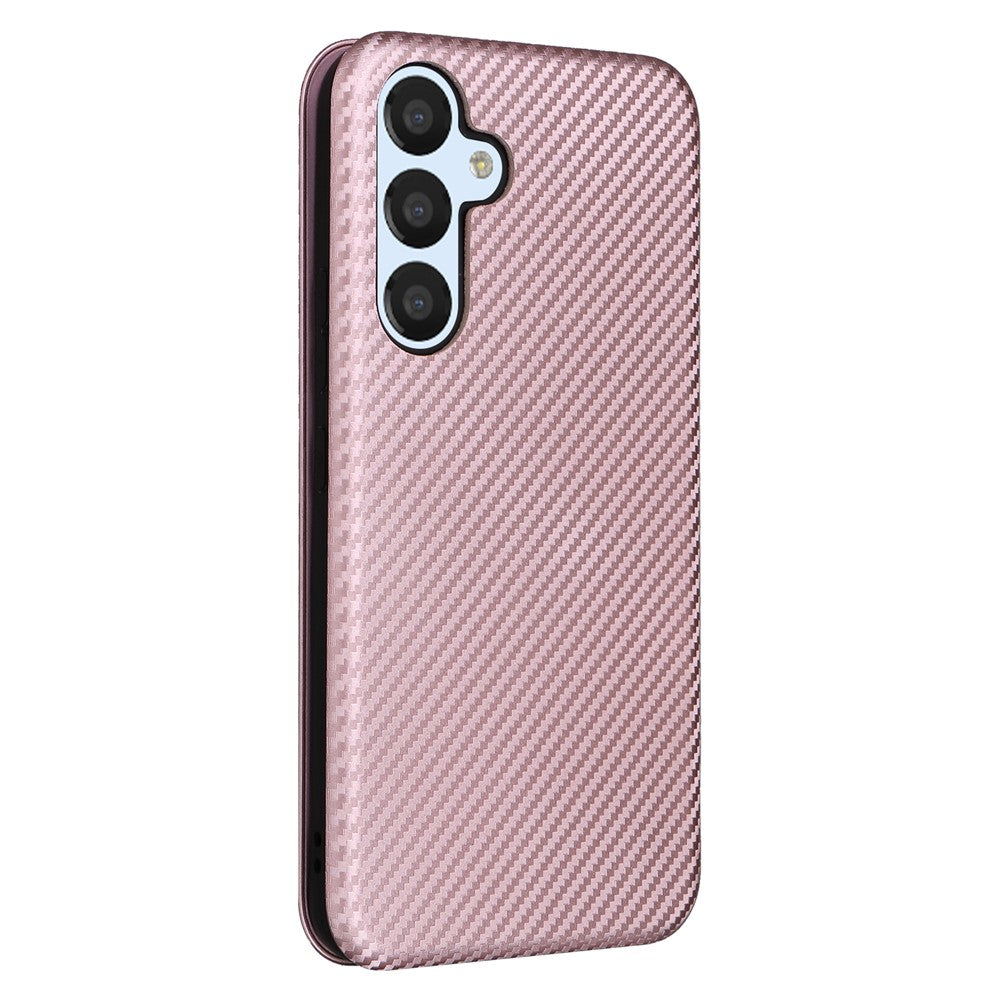 For Samsung Galaxy M14 5G Leather Anti-drop Cover Carbon Fiber Texture Phone Stand Case with Card Holder - Rose Gold