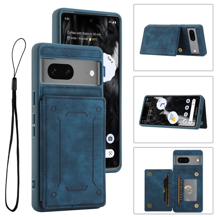 For Google Pixel 7 5G Dual Card Holder PU Leather Coated TPU Phone Case Kickstand Magnetic Cover - Blue