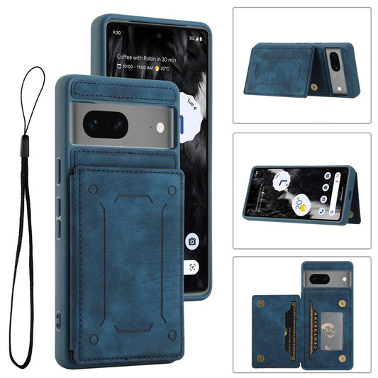 For Google Pixel 7 5G Dual Card Holder PU Leather Coated TPU Phone Case Kickstand Magnetic Cover - Blue