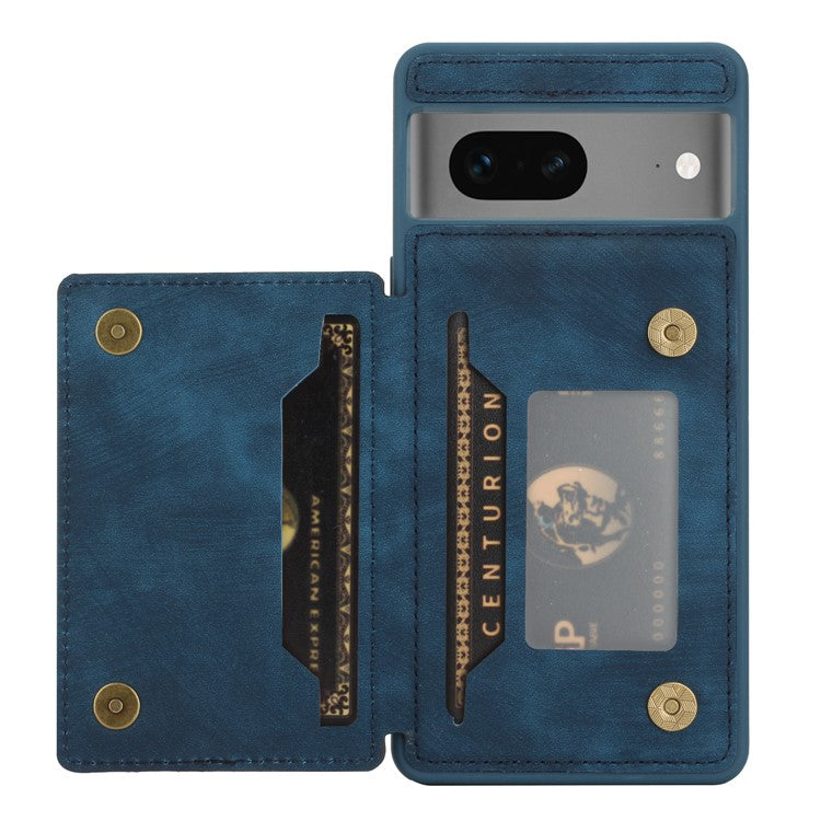 For Google Pixel 7 5G Dual Card Holder PU Leather Coated TPU Phone Case Kickstand Magnetic Cover - Blue