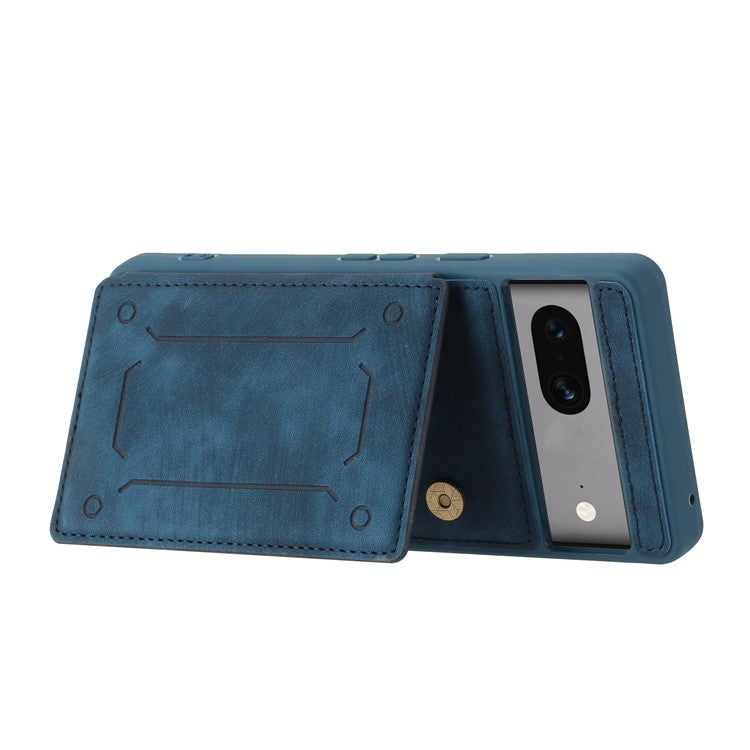 For Google Pixel 7 5G Dual Card Holder PU Leather Coated TPU Phone Case Kickstand Magnetic Cover - Blue