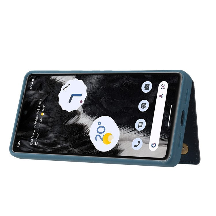 For Google Pixel 7 5G Dual Card Holder PU Leather Coated TPU Phone Case Kickstand Magnetic Cover - Blue