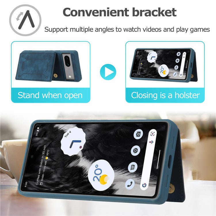 For Google Pixel 7 5G Dual Card Holder PU Leather Coated TPU Phone Case Kickstand Magnetic Cover - Blue