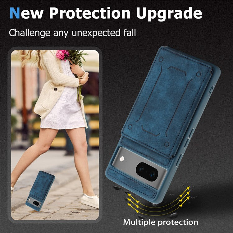 For Google Pixel 7 5G Dual Card Holder PU Leather Coated TPU Phone Case Kickstand Magnetic Cover - Blue