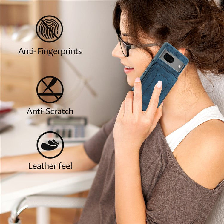 For Google Pixel 7 5G Dual Card Holder PU Leather Coated TPU Phone Case Kickstand Magnetic Cover - Blue