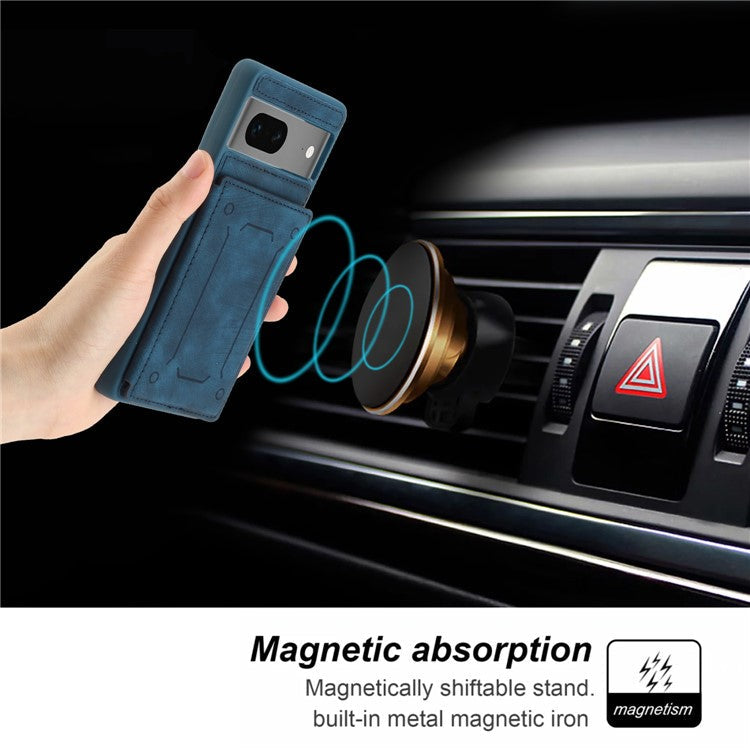 For Google Pixel 7 5G Dual Card Holder PU Leather Coated TPU Phone Case Kickstand Magnetic Cover - Blue