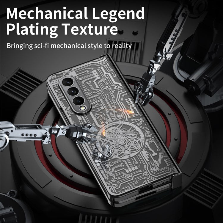 For Samsung Galaxy Z Fold4 5G Mechanical Legend Series Electroplating Phone Case Hard PC Shockproof Cover with Tempered Glass Film - Black