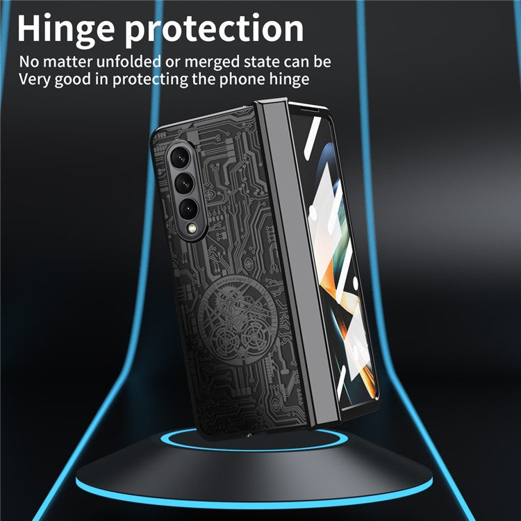 For Samsung Galaxy Z Fold4 5G Mechanical Legend Series Electroplating Phone Case Hard PC Shockproof Cover with Tempered Glass Film - Black