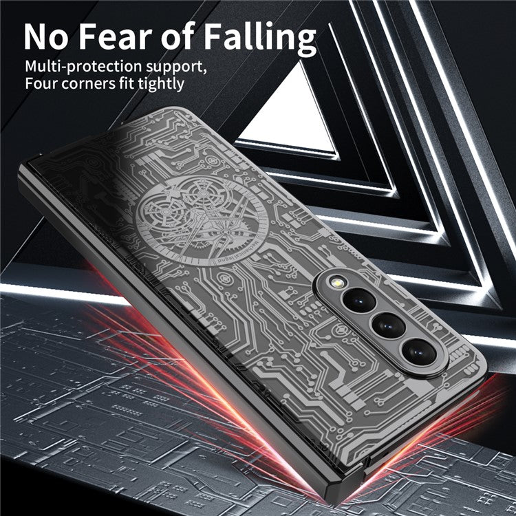 For Samsung Galaxy Z Fold4 5G Mechanical Legend Series Electroplating Phone Case Hard PC Shockproof Cover with Tempered Glass Film - Black