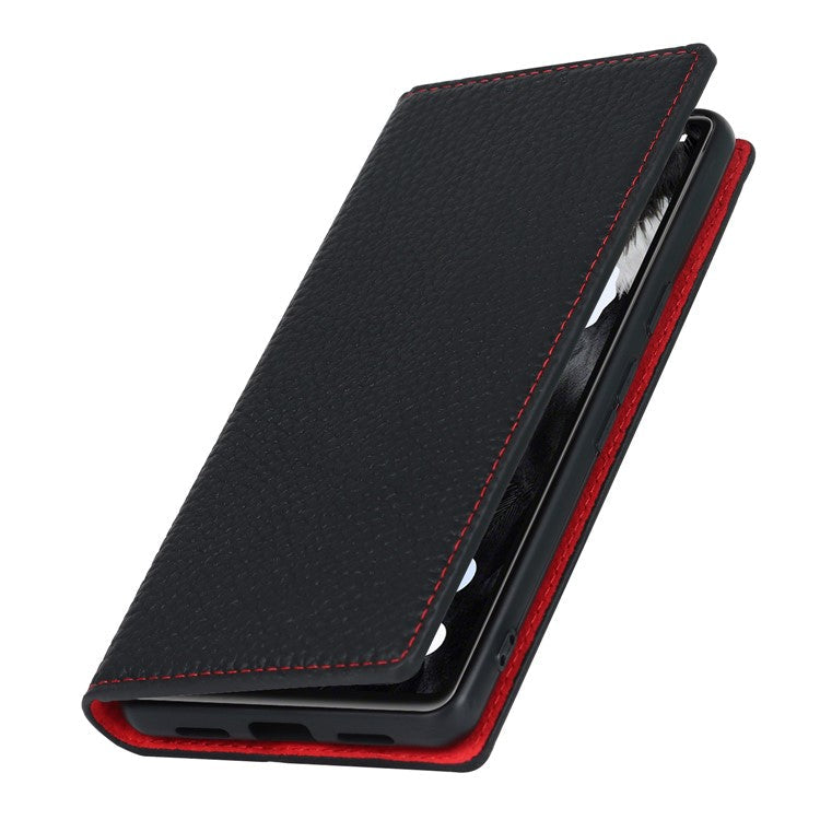 Genuine Leather Phone Case for Google Pixel 7a , Litchi Texture Wallet Stand Smartphone Cover with Strap - Black