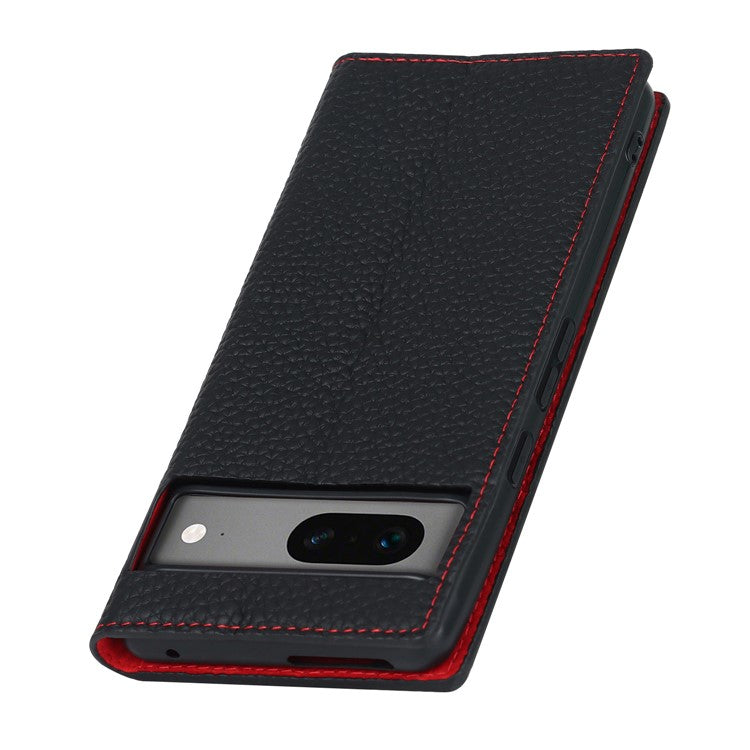 Genuine Leather Phone Case for Google Pixel 7a , Litchi Texture Wallet Stand Smartphone Cover with Strap - Black