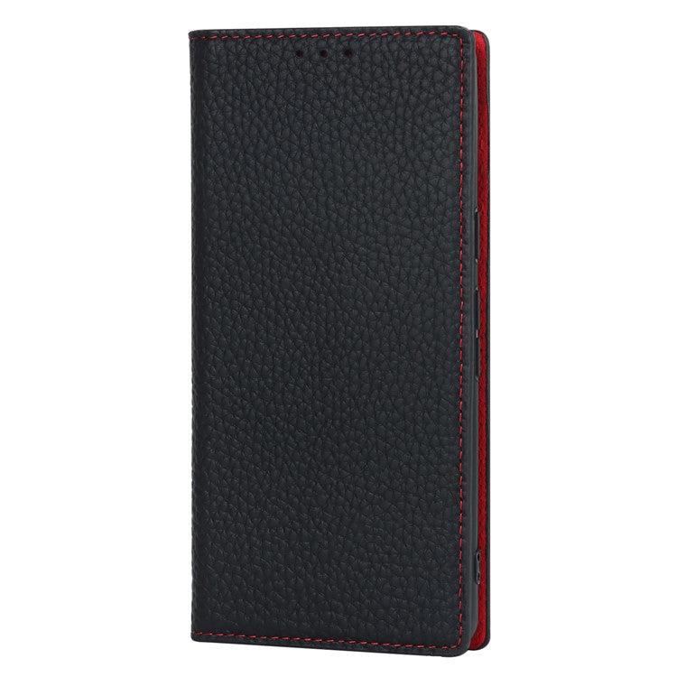 Genuine Leather Phone Case for Google Pixel 7a , Litchi Texture Wallet Stand Smartphone Cover with Strap - Black