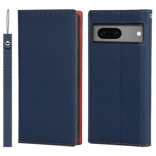 Genuine Leather Phone Case for Google Pixel 7a , Litchi Texture Wallet Stand Smartphone Cover with Strap - Dark Blue