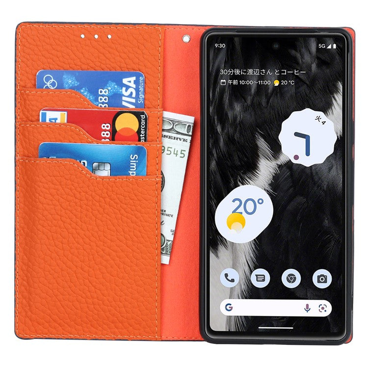 Genuine Leather Phone Case for Google Pixel 7a , Litchi Texture Wallet Stand Smartphone Cover with Strap - Dark Blue